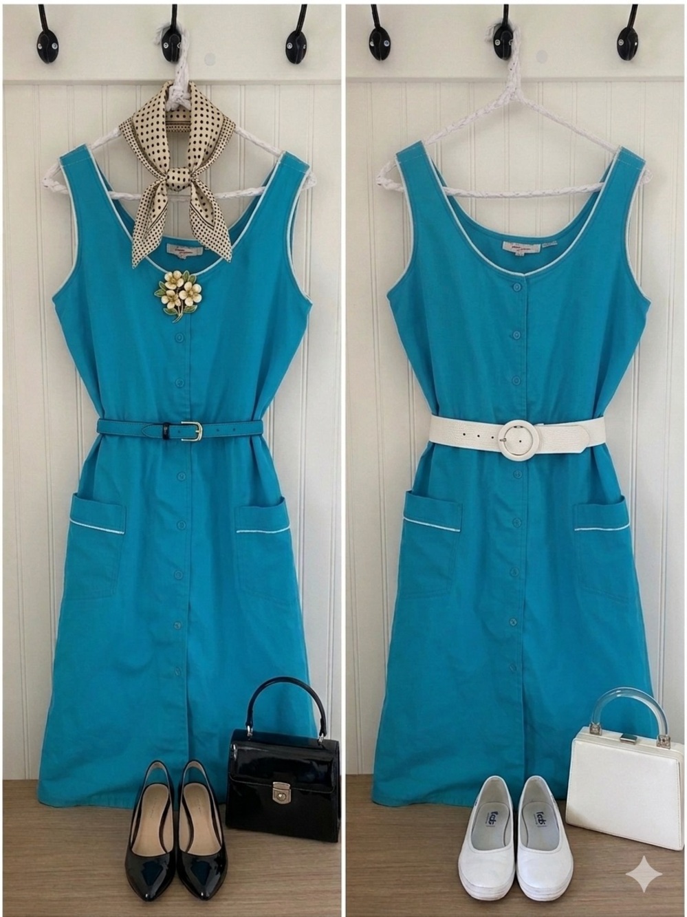 Vintage Blue Sleeveless Button-Down Dress